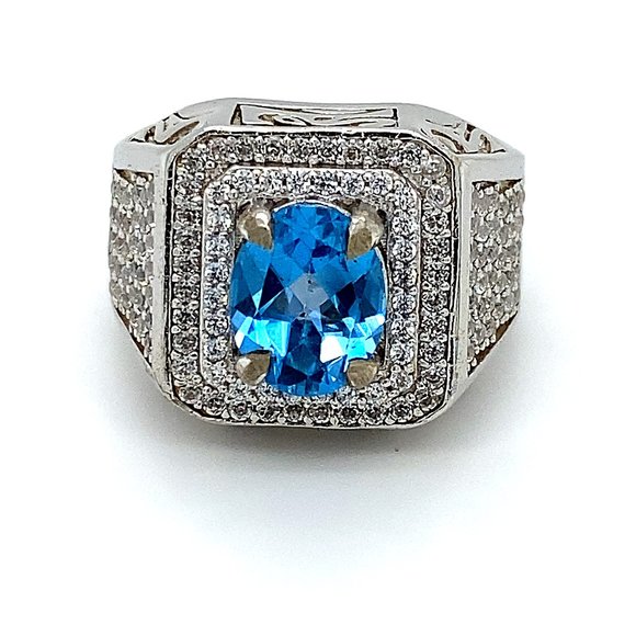 Blue Topaz 3.30ct Platinum Finish Silver Mens Ring